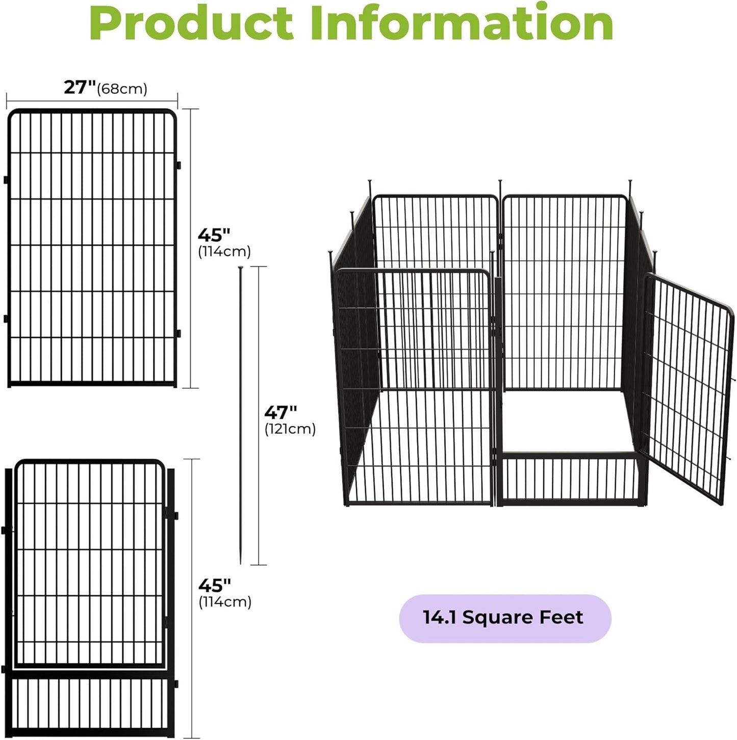 Decorative Garden Fence with Gate 45 in(H) x 17.8 ft(L) 8 Panels, Heavy Duty Metal Animal Barrier Fence for Yard, Flower Bed Fencing, Garden Border Fence, Easy Set Up, Black