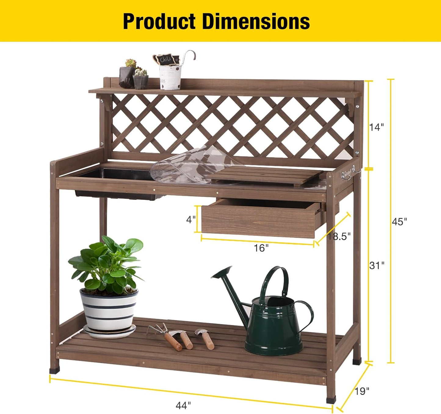 Aivituvin Potting Bench Outdoor with PVC Layer Wooden Planting Table with Sink & Lid Gardening Work Bench with Drawer, Shelf, Hook