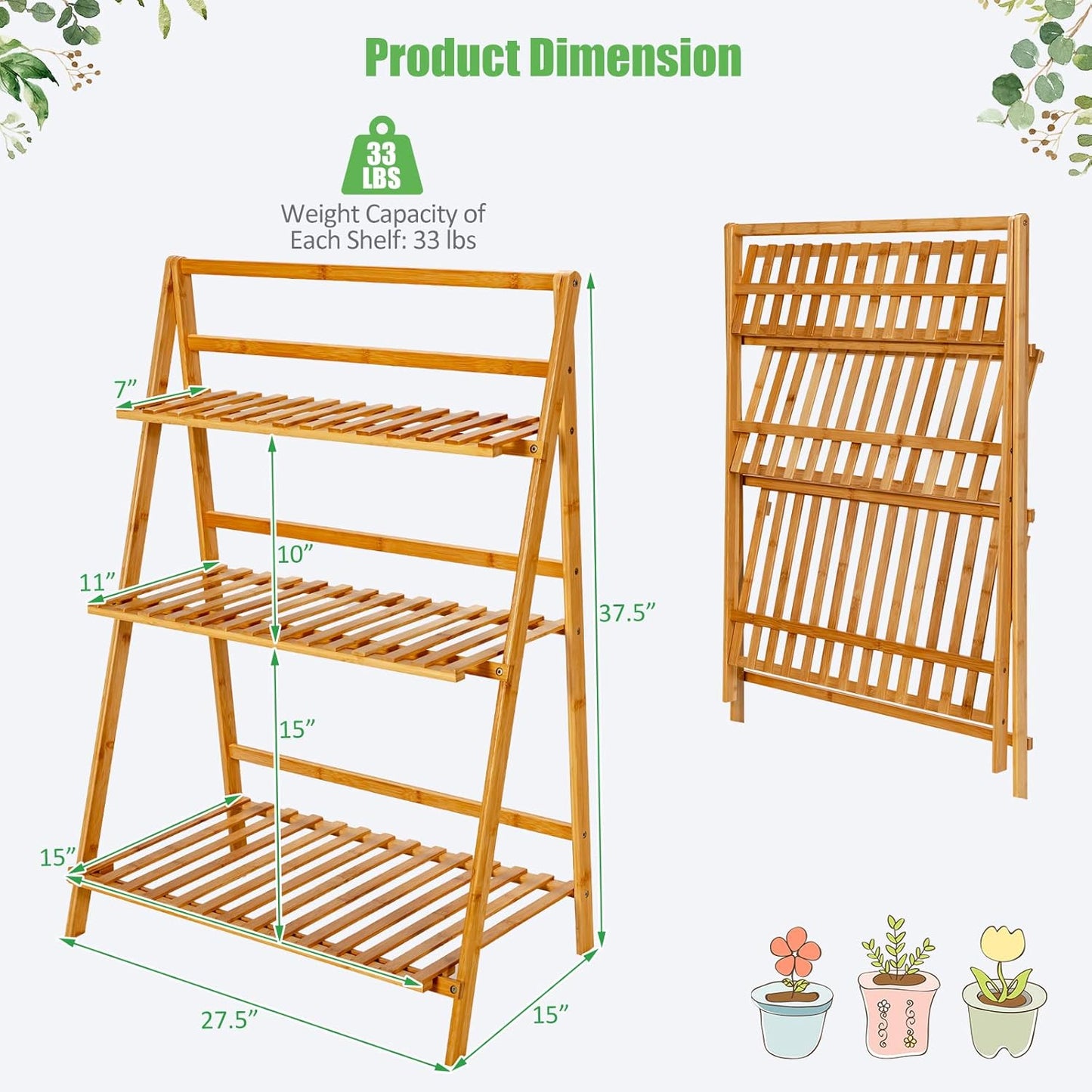 Giantex Bamboo Ladder Plant Stand, 3 Tier Folding Bamboo Plant Shelf, Foldable Flower Pot Display Shelf Rack, Multiple Plants Holder Organizer Storage Shelf for Indoor Outdoor Balcony Garden (Natural)
