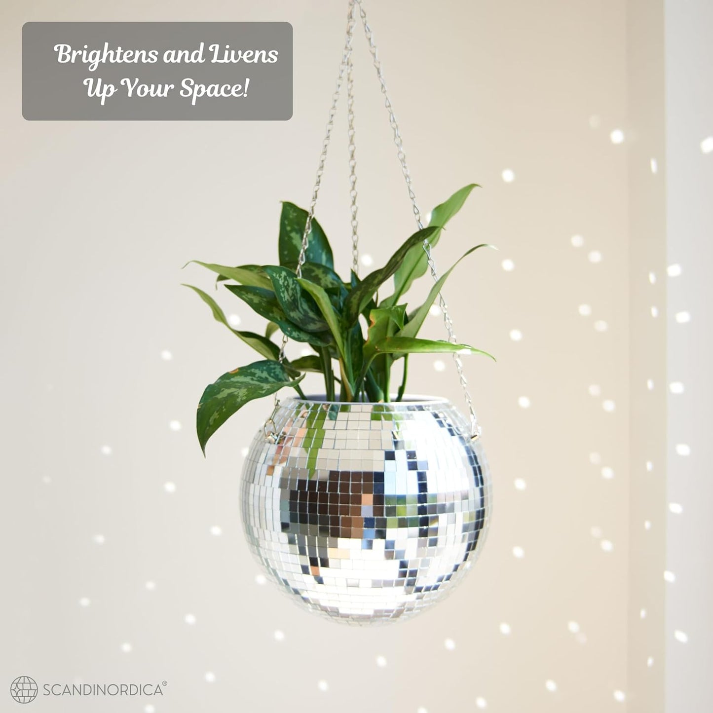 SCANDINORDICA Disco Ball Planter – Value Package: Mirror Disco Planter with Chain, Macrame Hanger and Acrylic Stand for Desk, Includes Self Watering Insert, Eclectic Home Decor | 10 inch Silver
