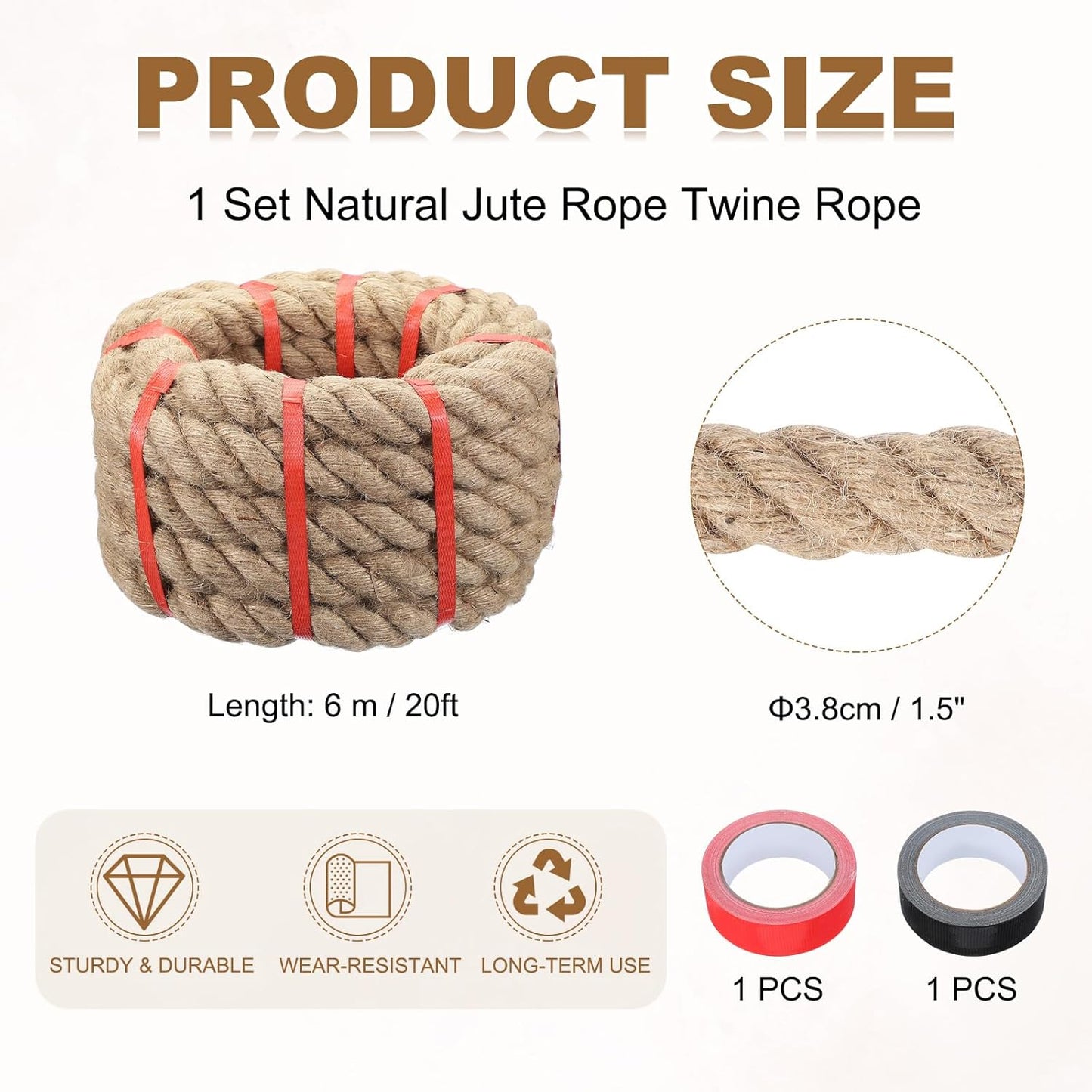 MECCANIXITY Jute Rope 1.5 Inch x 20ft, Thick Twine Rope Ropes Braided Jute Twine Natural Brown Burlap Cord String Heavy Twisted with Tapes for Decorative Crafts Railing Swing Tug of War