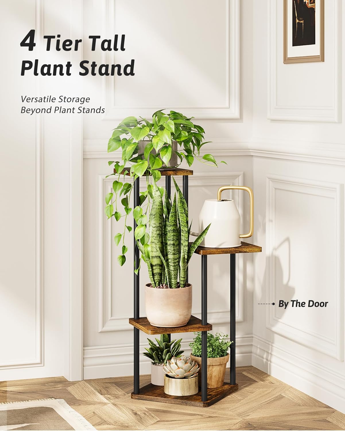 Tall Plant Stand Indoor 4 Tiered Plant Shelf for Multiple Plants Coner Shelf Stand Wood Plant Stand Metal Shelving for Living Room Bedroom Balcony Patio Brown Oak