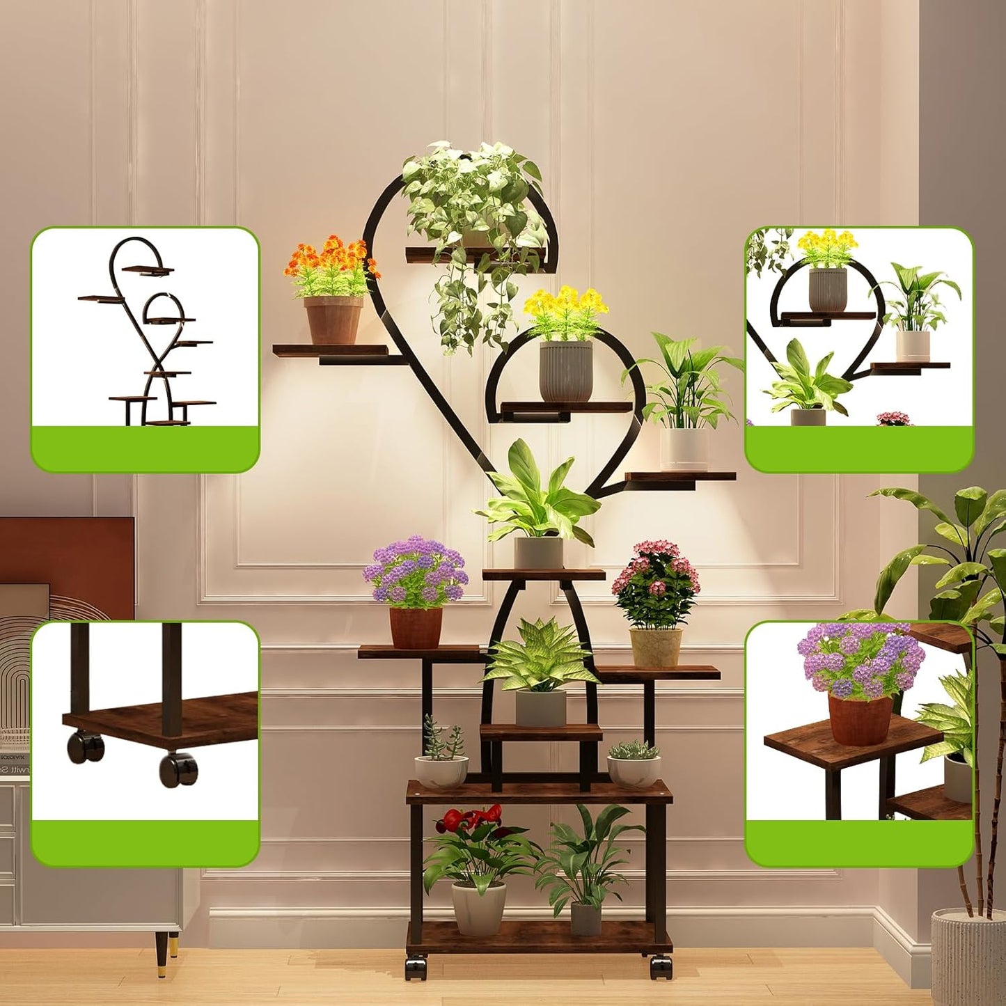 Plant Stand Indoor with Grow Lights, 10 Tiered Indoor Plant Shelf with Wheels, 65" Lighted Corner Plant Stands for Indoor Growing, Heart Shape Decorative for Living Room, Balcony, Black