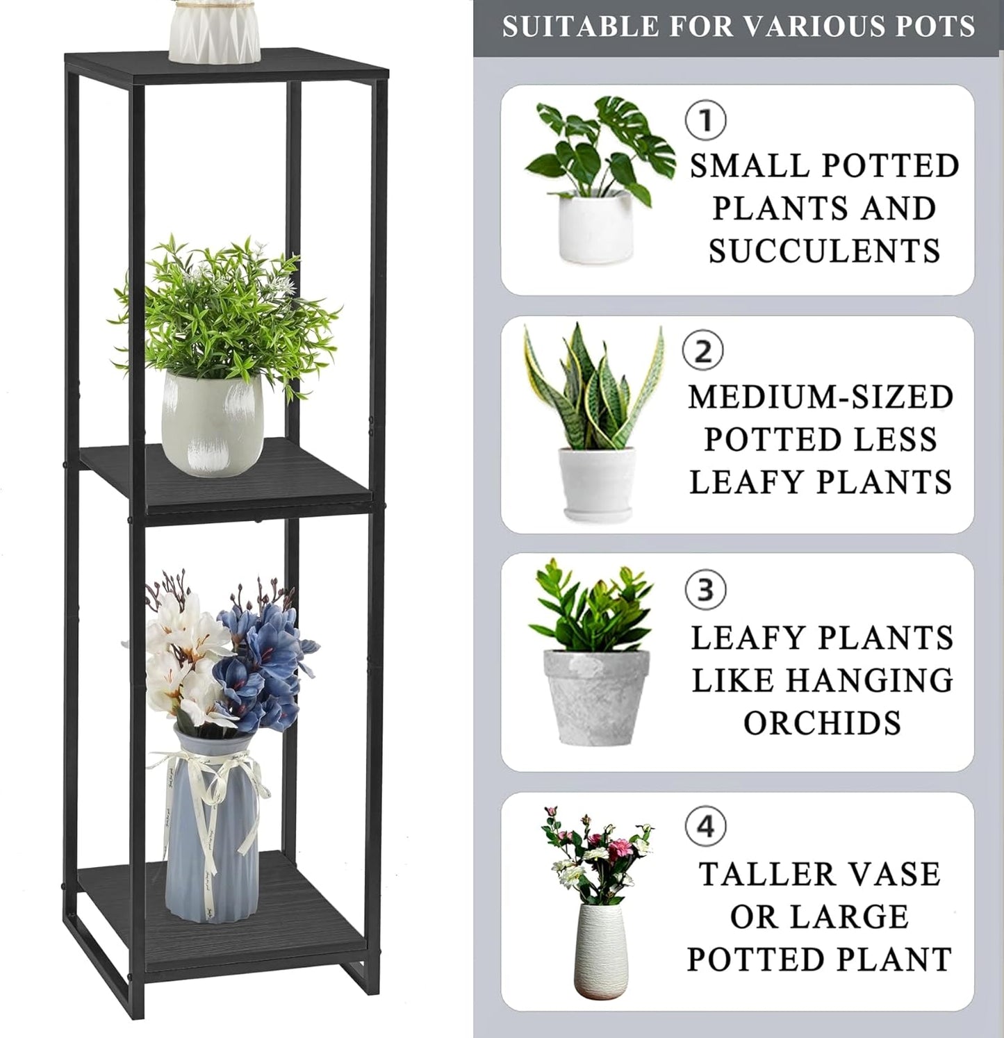 46" Tall Plant Stand Indoor, 3-Tier Modern Plant Shelf, Corner Flower Pot Holder Organizer for Living Room Balcony Patio Garden (Black)