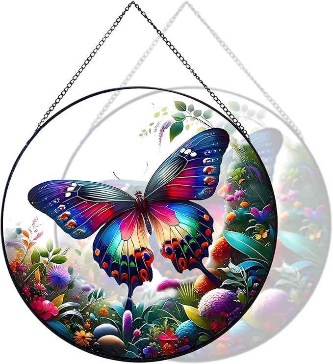 RIVEENY Butterfly Stained Glass Window Hangings, 8" Monarch Butterfly Hanging Stained Glass for Windows, Sun Catcher Garden Hangings Christmas Mother's Day, Valentine's Day Ornaments Festival Gift