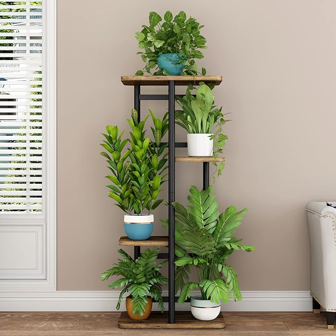 LINZINAR Plant Stand 4 Tier 5 Potted Indoor Plant Shelf Multiple Stands for Garden Corner Balcony Living Room (4 Tier 5 Potted, Black)