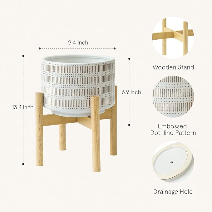 LA JOLIE MUSE Ceramic Plant Pot with Wood Stand - 9.4 Inch Modern Round Decorative Flower Pot Indoor with Wood Planter Holder, Beige & White