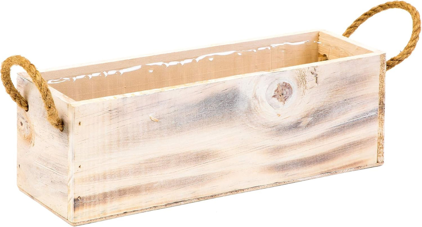 Wooden Planter Box with Handle, Rustic Whitewash, Plastic Liner l Garden Decor l Restaurant and Wedding Decorations l Table Centerpiece (12x4 w Handle Set of 4, Whitewash)