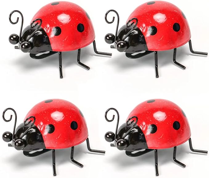 Metal Garden Decor for Outside Cute Ladybugs Yard Art Lawn Ornaments Wall Sculptures & Statues Outdoor Fence Decorations for Patio - Set of 4