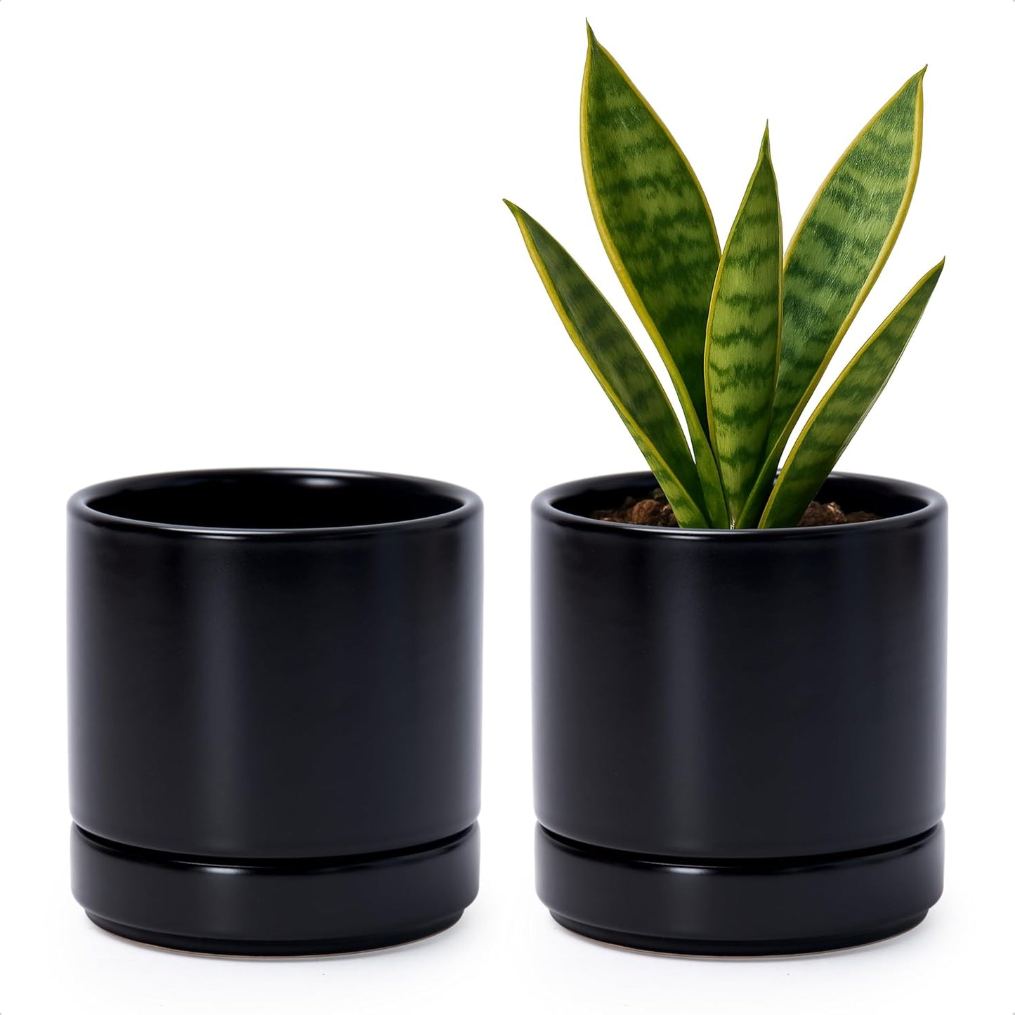 D'vine Dev Set of 2 Plants Pot, 4.7 Inch Ceramic Planter Pot for Plants with Drainage Hole and Saucer, Black, 94-V-B-2