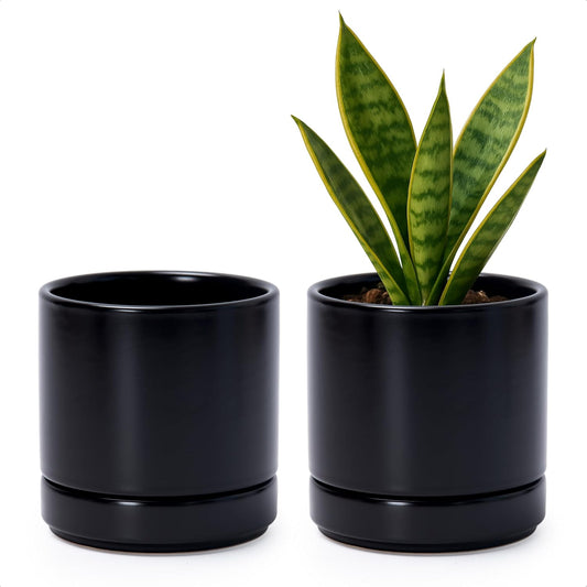 D'vine Dev Set of 2 Plants Pot, 4.7 Inch Ceramic Planter Pot for Plants with Drainage Hole and Saucer, Black, 94-V-B-2
