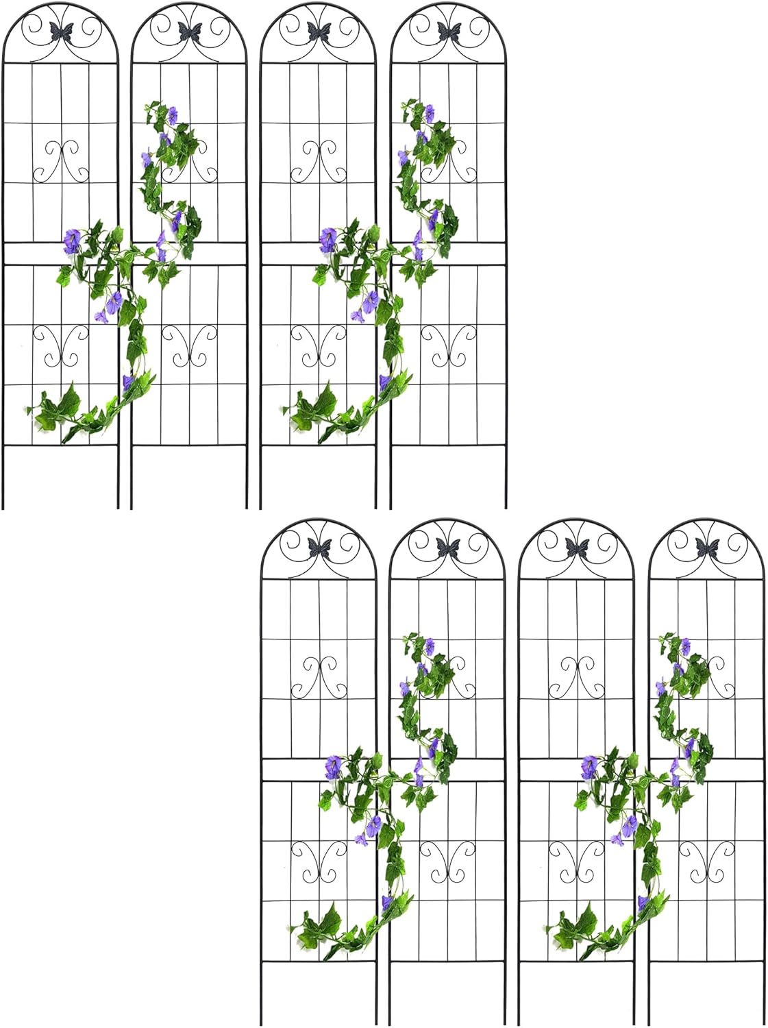 8 Pack Metal Garden Trellis for Climbing Plants, 86.7" Tall Rustproof Outdoor Trellis Panel with Line Butterfly Design, Decorative Black Iron Plant Support for Vine, Rose, Flower, Garden Wall