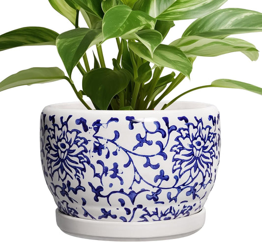 SQOWL Ceramic Pots for Plants - 8 inch Ceramic Planter with Drainage Hole and Saucer, Round Flower Pots for Indoor Plants, Porcelain Planter Outdoor, Porch Decor, Gifts for Women Men, Blue and White