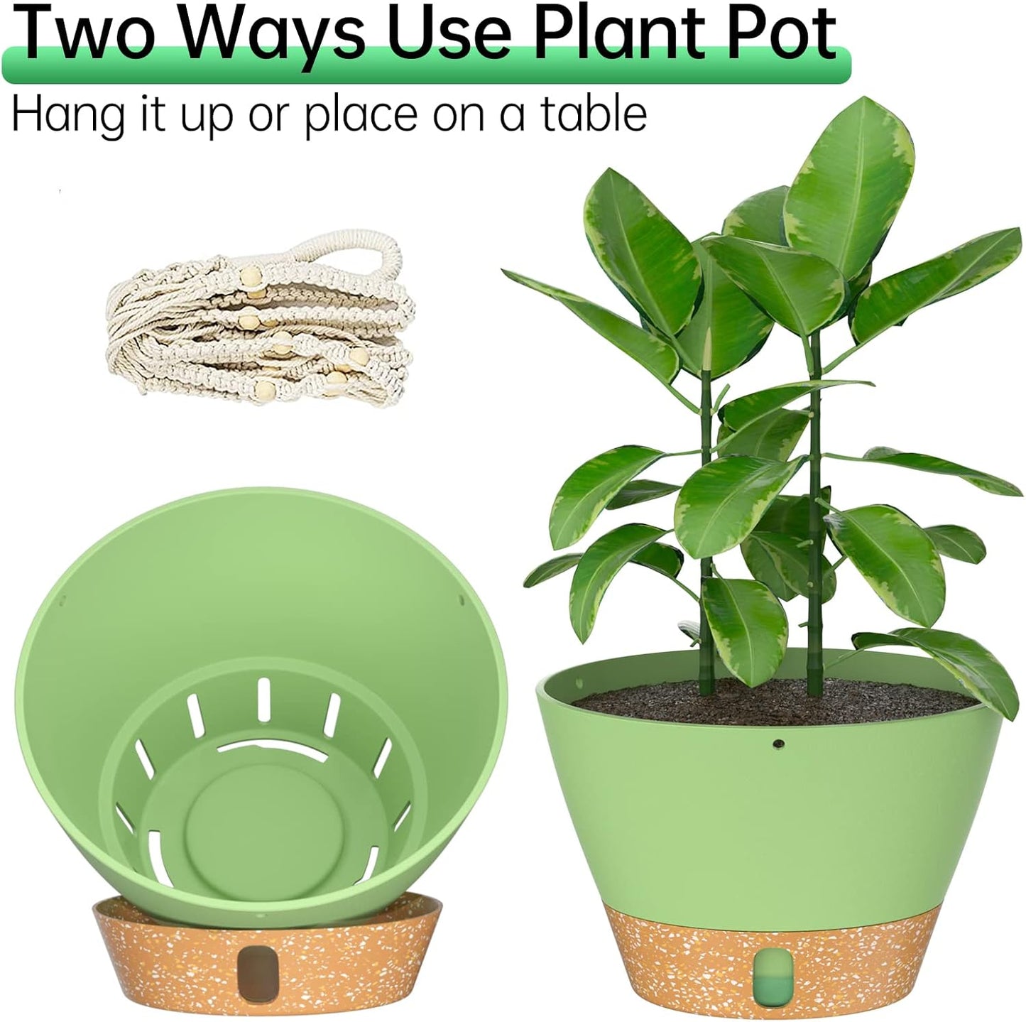 ZMTECH 2 Pack 10 Inch Hanging Planters with Macrame Plant Hanger for Indoor and Outdoor Plants, Self Watering, Drainage Hole, Visible Level Tray, Green