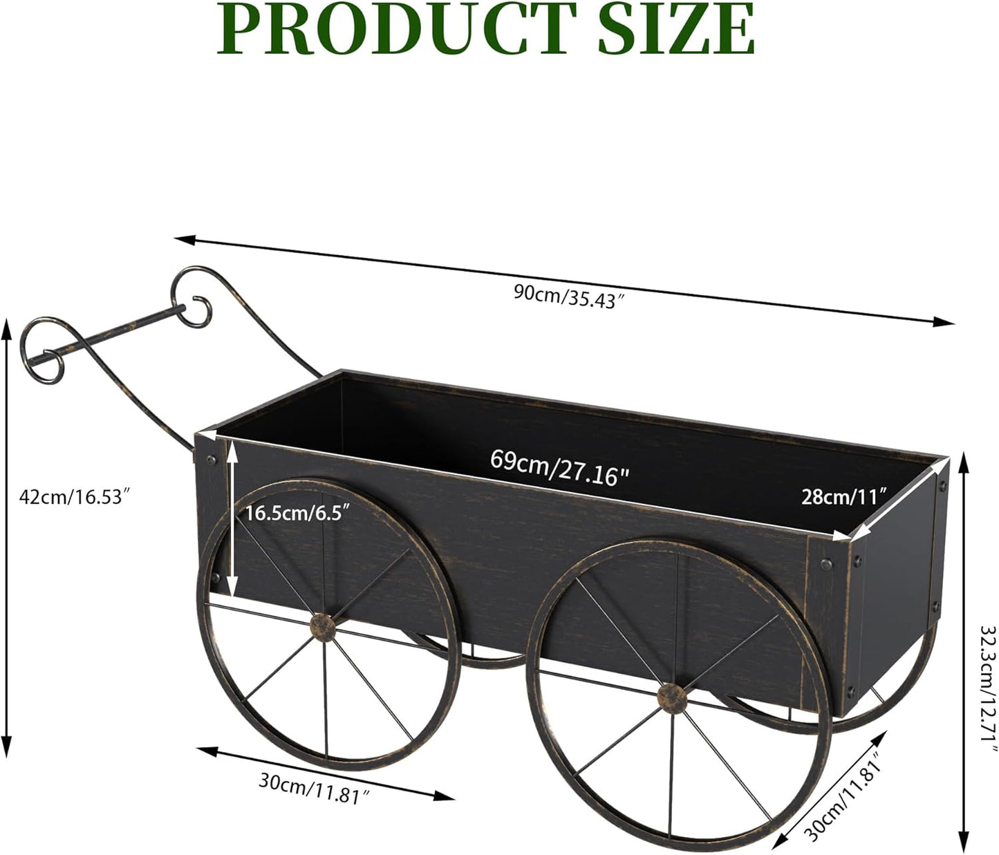 Small Raised Garden Bed Outdoor with Wagon Wheels, Metal Wagon Planter Box, Decorative Garden Planter for Flowers Herbs Vegetables, Flower Cart for Patio, Balcony (Retro Gold)