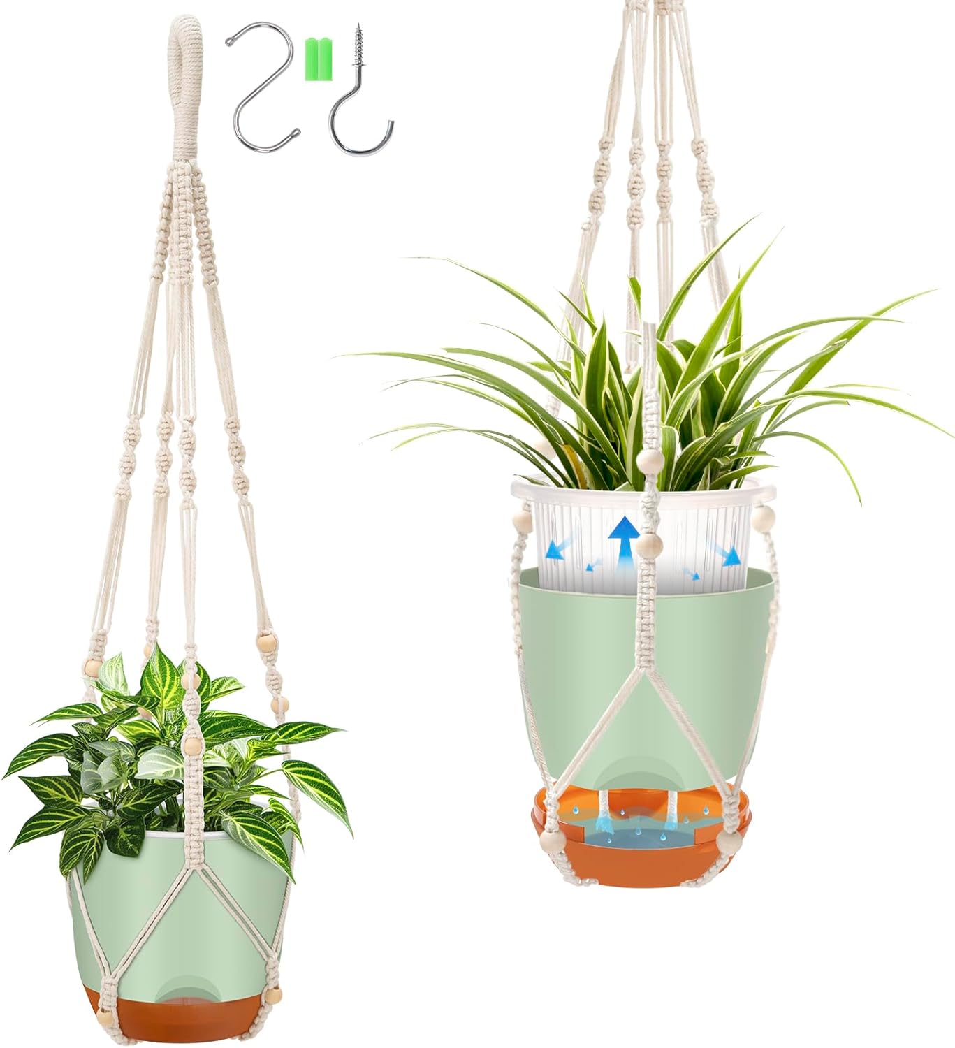 2-Pack 7.2-Inch Self-Watering Hanging Planters for Indoor & Outdoor Plants,34-Inch macrame hanger plant pots indoor with drainage,Small Hanging Planters & Baskets in Green,With two sets of hooks
