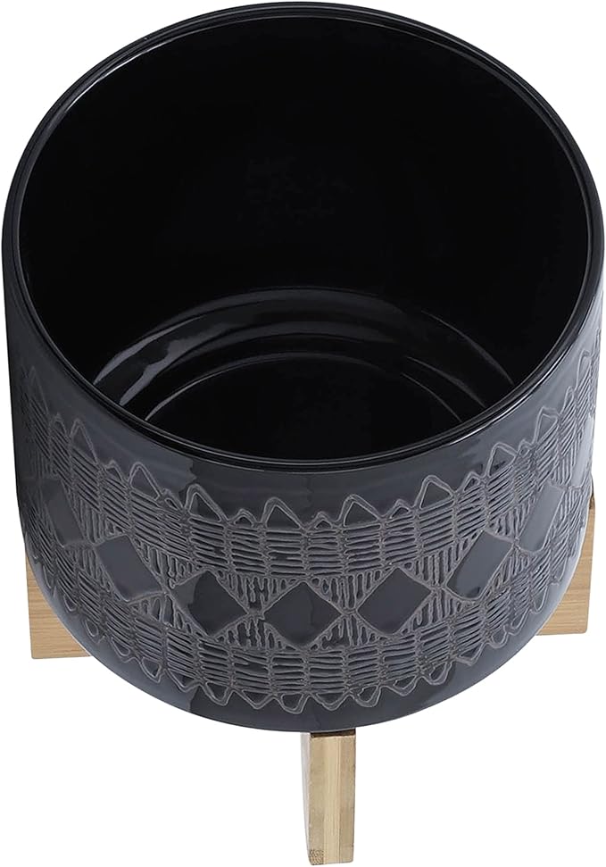 Sagebrook Home Black and Gray Aztec Design Ceramic Planter with Solid Rubberwood Stand for Tabletop Display in Living Room, Bedroom, or Office