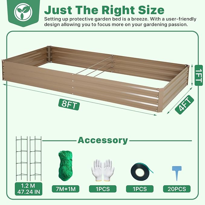 ONCEMORE Galvanized Raised Garden Bed for Vegetables Flowers Herbs, Metal Raised Garden Bed Kit with 2 PCS Tomato Cage, Gloves, Trellis Netting, Plant Labels, Plant Ties, Brown 8×4×1FT