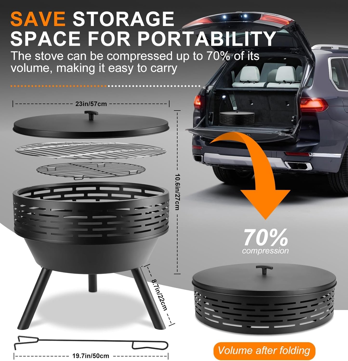 23 Inch Cast Iron Round Fire Pit with Grill, 3-in-1 Outdoor Fire Bowl, Fire Pit Table with Metal Lid and Fire Poker, Wood Burning Firepit for BBQ Bonfire Patio Picnic