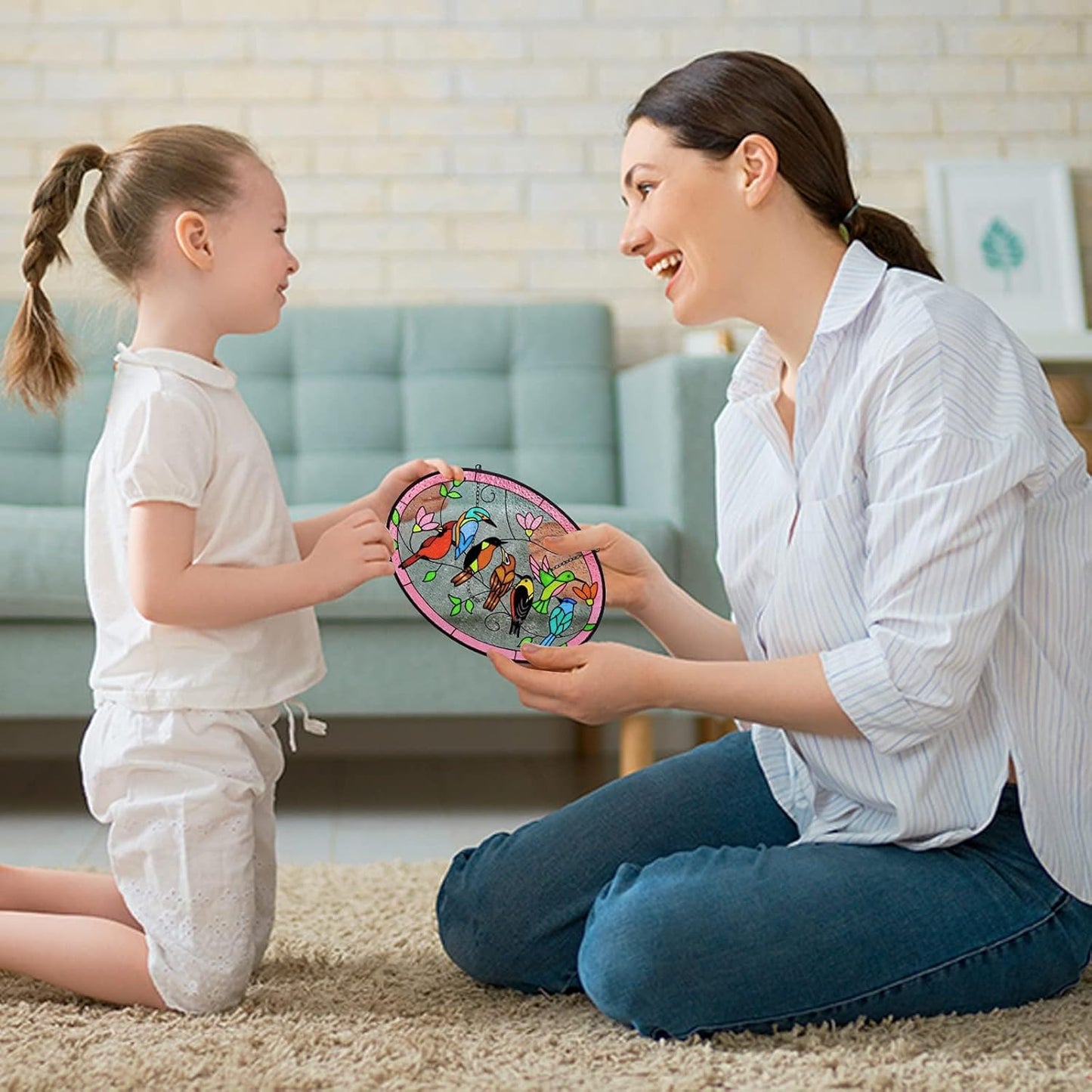 Huray Rayho Birds On A Branch Stained Glass Ornament, 9.5''x6.7'' Cardinal Hummingbird Suncatcher Hand-Painted Double Side Glass Panel Window Hanging Decor Bird Lover Gift for Mom, Grandma, Teacher