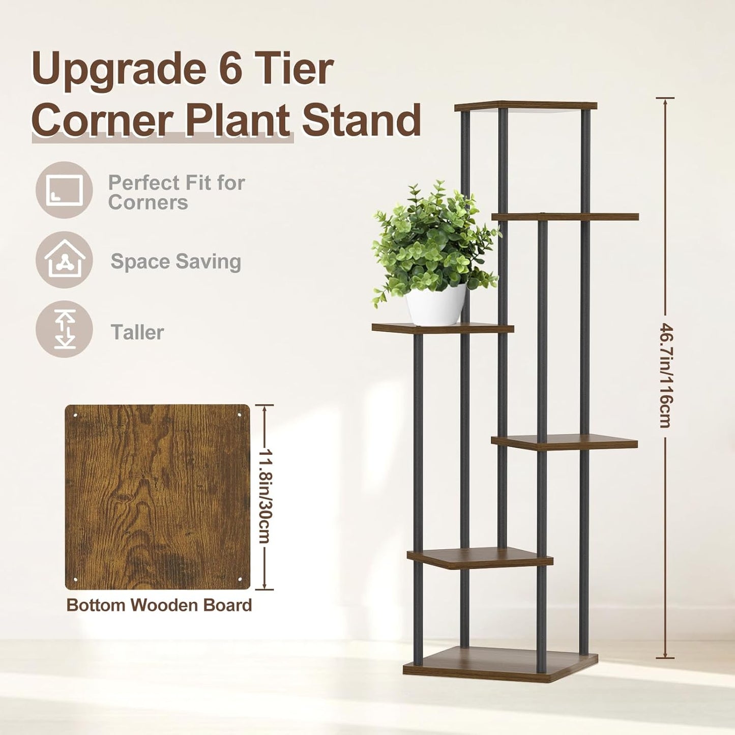 6 Tier Plant Stand Indoor, Tall Metal Wood Muti-Level Planter Shelf Holder, Sturdy Large Vertical Corner Orchid Flower Pot Display Rack for Narrow House Decor Office Living Room Bedroom, Oak