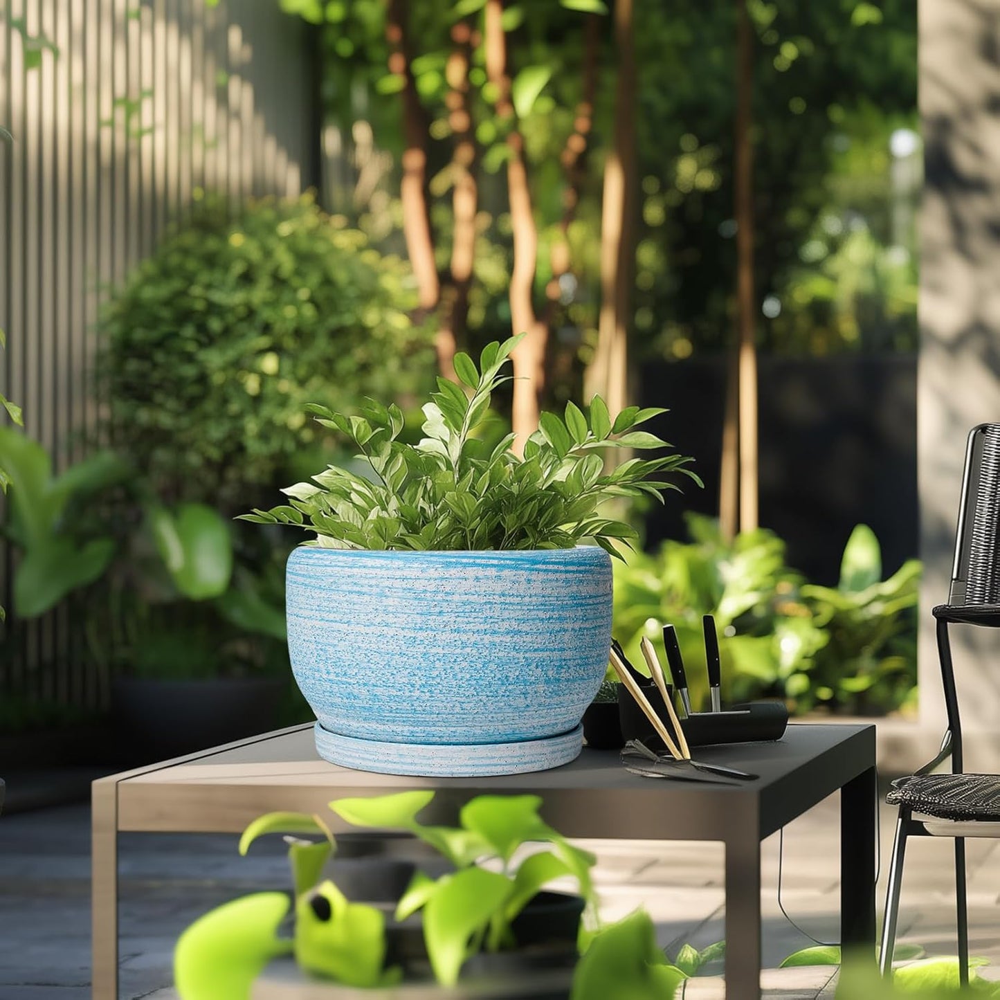 SQOWL Ceramic Plant Pots - 10 Inch Ceramic Flower Pots with Drainage Hole and Saucer, Round Large Planter for Indoor Outdoor, Decorative Modern Planter, Kitchen Decor, House Warming Gifts, Blue