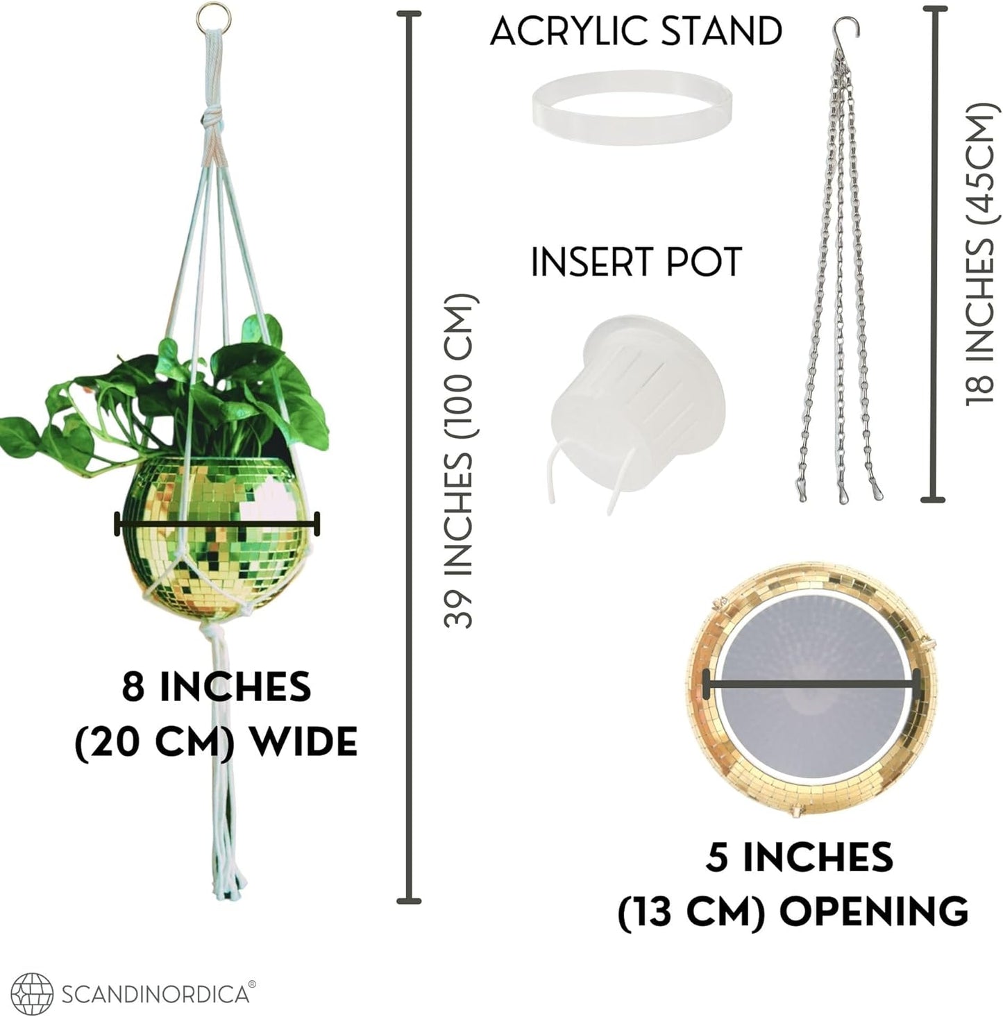 SCANDINORDICA Disco Ball Planter – Disco Ball Plant Hanger, Mirror Disco Planter with Chain, Macrame Hanger, Acrylic Stand and Insert Pot, Hanging Planter | Disco Ball Decor – 20 cm (8“) Gold