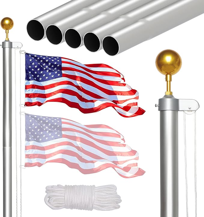 NELXINJO 20FT Sectional Flag Pole Kit, Heavy Duty Aluminum Outdoor In-Ground Flagpole, Gold Ball Top, 3x5 USA Flag for Residential commercial Outdoor Garden(20FT, Silver)