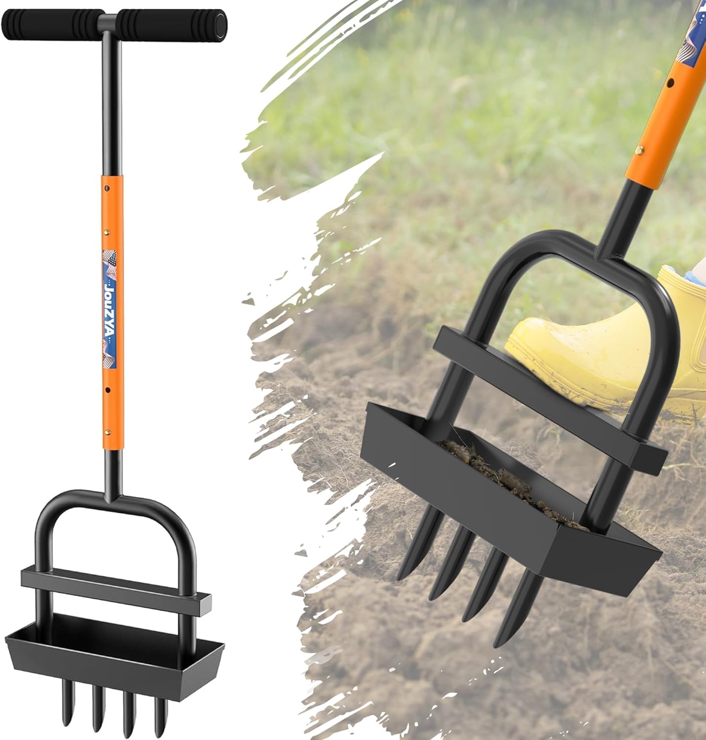 Lawn Aerator Coring Tool with Soil Core Collection Tray, 4 Tines Manual Yard Air Grass Aerator Gardening Tool for Lawn Care Courtyard,Orange（Updated Box）