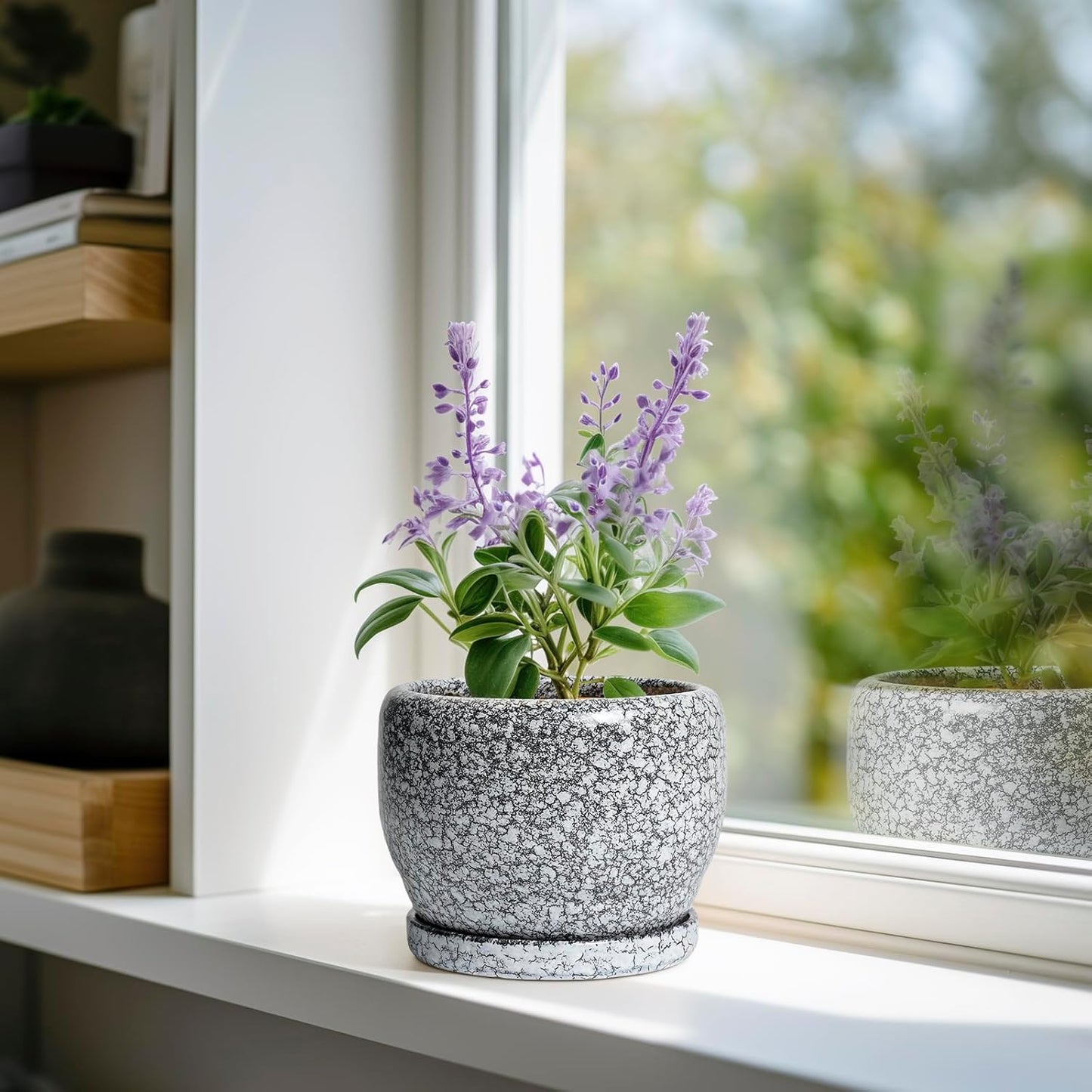 SQOWL Ceramic Pot for Plants - 6 Inch Ceramic Planter for Indoor Outdoor, Decorative Plant Pot with Drainage Hole and Saucer, Round Planter for Flower, Bedroom Decor, Garden Gifts, Black and White