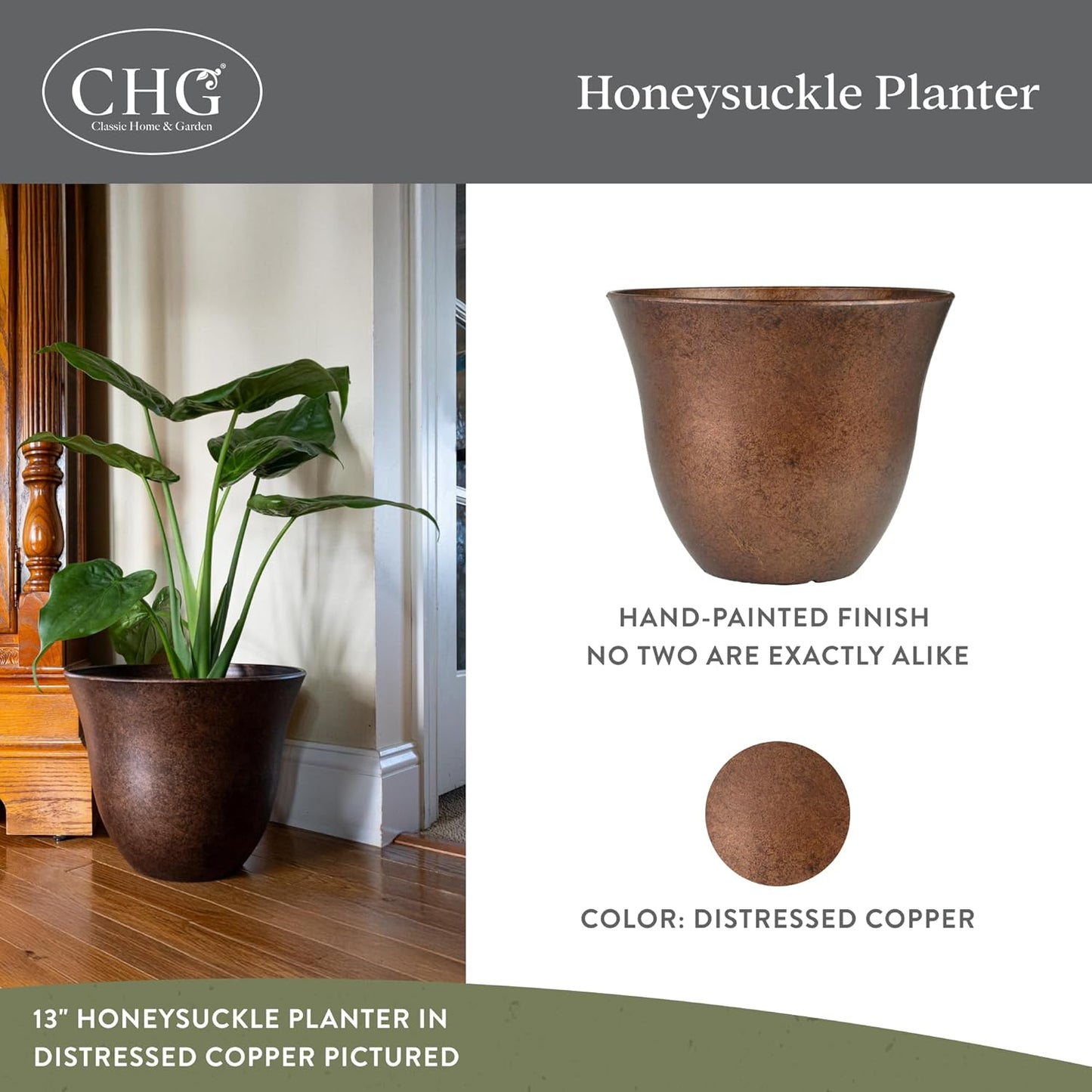 Classic Home and Garden Honeysuckle Resin Planters - Lightweight Indoor & Outdoor Plant Pots - UV-Resistant Plastic Flower Pots - Pot Planters for Flowers & Herbs (15" Distressed Copper)