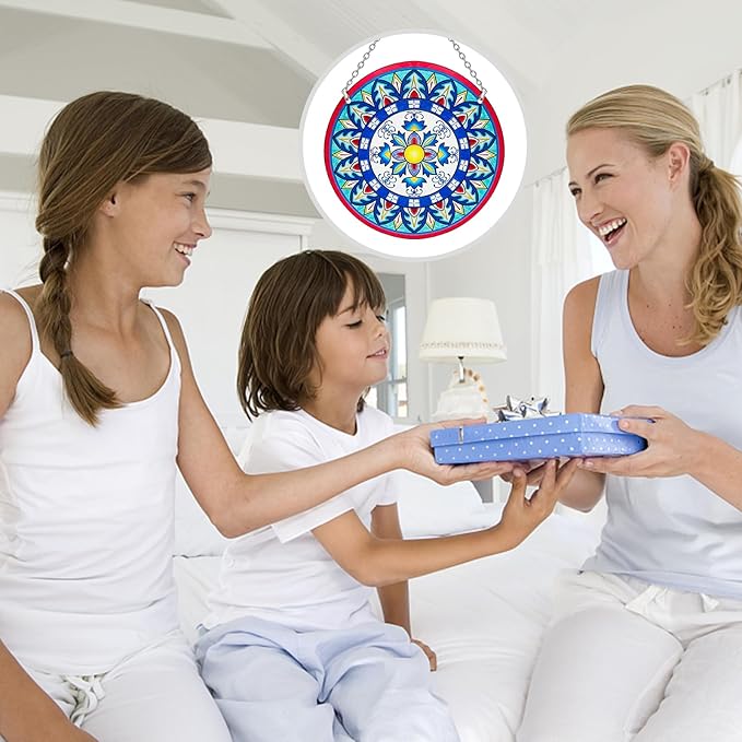 Mandala Suncatcher Stained Glass - Handmade Gifts for Women, Suncatchers for Windows - Window Hangings with Chain and Hook, 6 inch Stained Glass Suncatcher for Mom