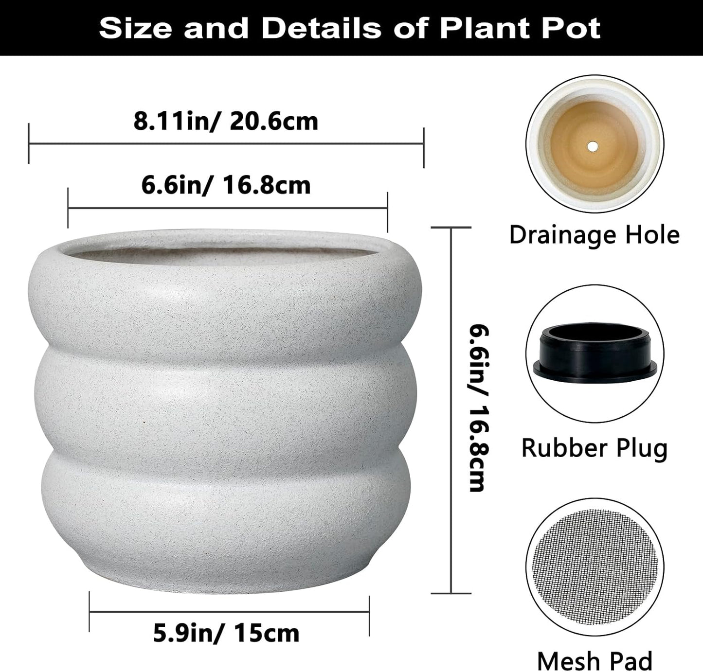 SQOWL Ceramic Planter for Indoor Plants - 8 Inch Plant Pot with Drainage Hole Outdoor Flower Pot Modern Round Planter Medium Plant Pot for Garden Office Decor White