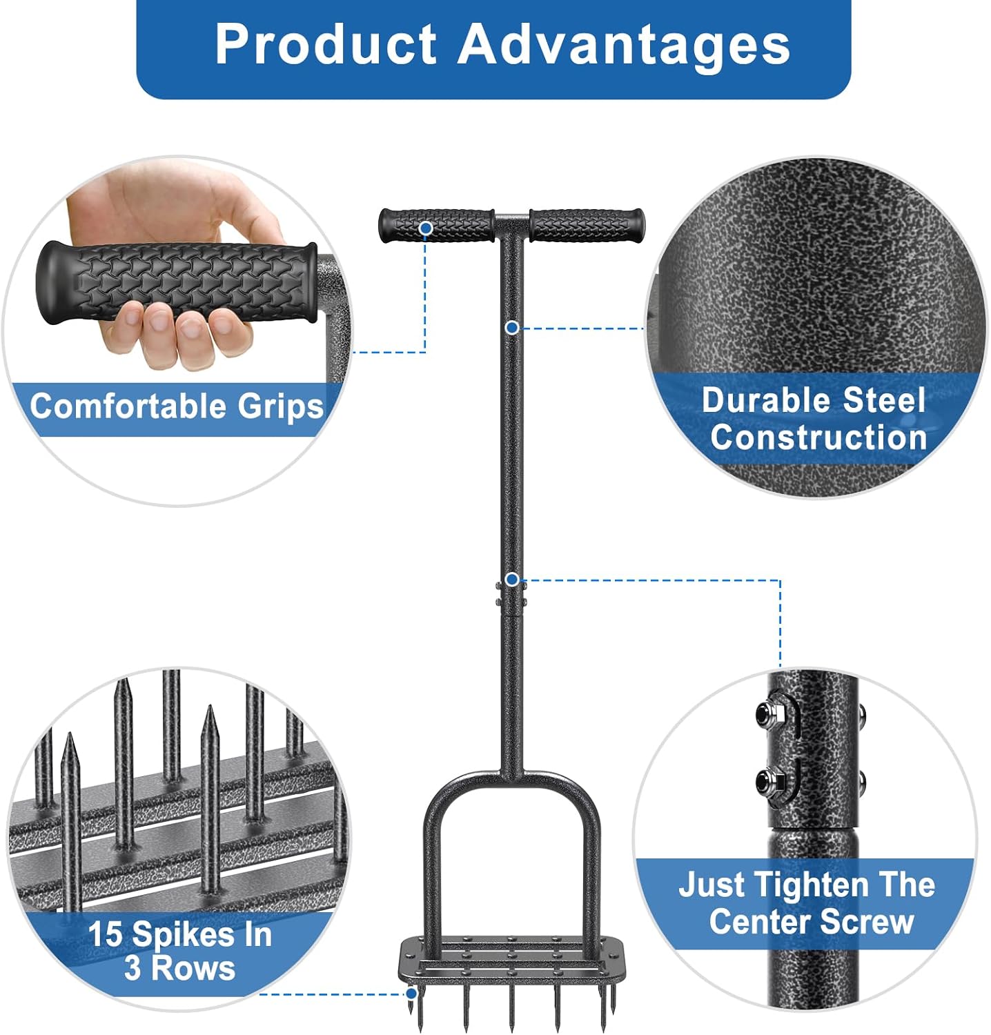 BeneLabel Lawn Aerator Spike Manual Tool with 15 Metal Spikes Grass Aerators for Yard with Wide Foot Plate & Soft Rubber T-Handle Revives Lawn Health, Loosening Soil