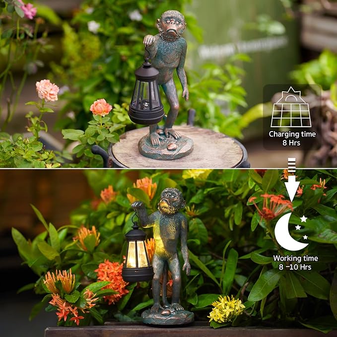 Garden Statue Monkey Figurine - Monkey Decor with Solar Powered Led Lights for Patio Lawn Balcony Yard - Ideal Gift for Women Moms Grandma Housewarming (Copper)