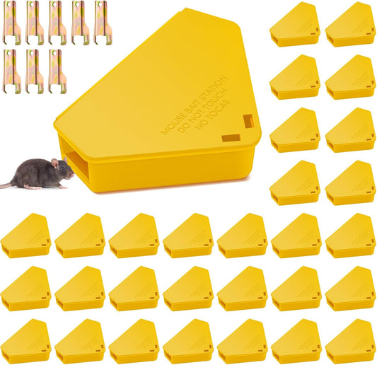 Qualirey 36 Pcs Mice Station with Key Triangle Bait Station Reusable Rodent Trap Bait Box, Keeps Children and Pets Safe Indoor & Outdoor, Bait Not Included, Suitable for Small Mice (Yellow)