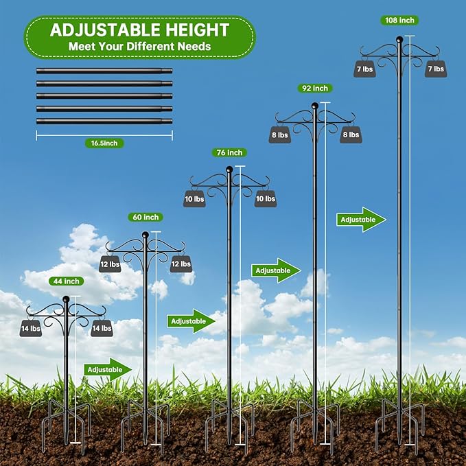 Shepherds Hooks for Outdoor, 108 Inch Heavy Duty Bird Feeder Pole with 5 Prongs Base, Adjustable Shepherds Hook for Hanging Birdhouses, Lanterns, Plant Baskets, Wind Chimes