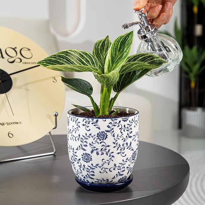 Ceramic Succulent Planter Pots - 4.6 Inch Small Flower Pot with Drainage Holes and Saucers for Indoor Plant, Cactus, Herbs, Outdoor Plants, Home Decor, Set of 4, Vintage Blue