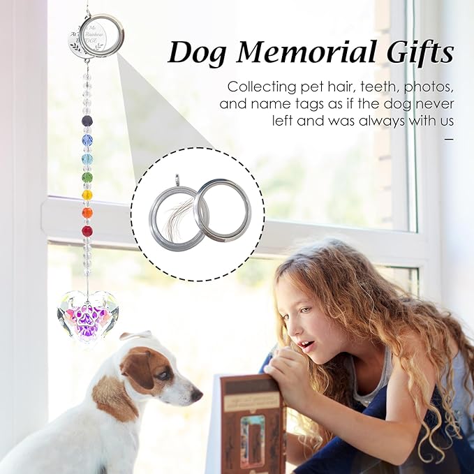 Pet Memorial Gifts for Dogs Rainbow Bridge Dog Memorial Gifts for Loss of Dog Rainbow Maker Heart-Shaped Crystal Suncatcher with Sympathy Card Dog Memorial Ornament Windows Hanging Decor