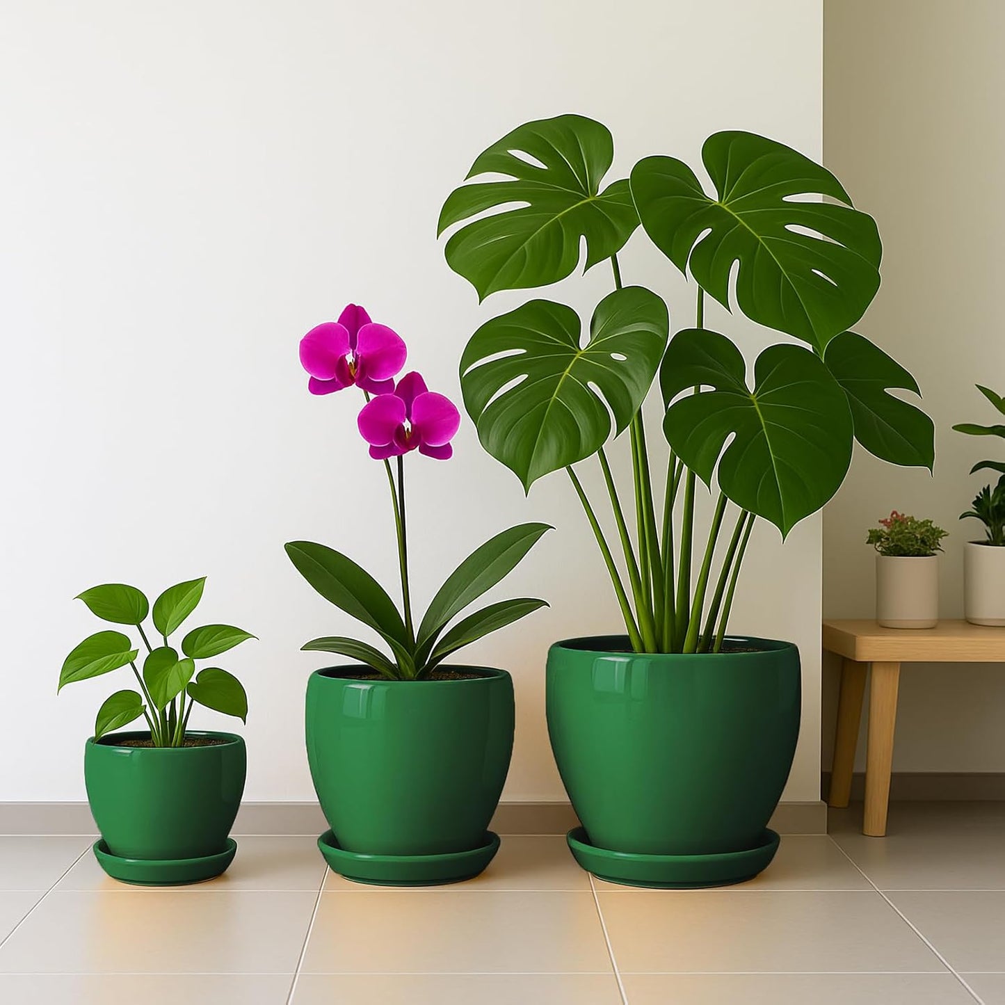 Deep Dream 6 Inch Plant Pots- Ceramic Planter Pot with Drainage Hole and Saucer, Round Flower Pot for Indoor Outdoor Succulent, Snake Plants and Cactus, Green