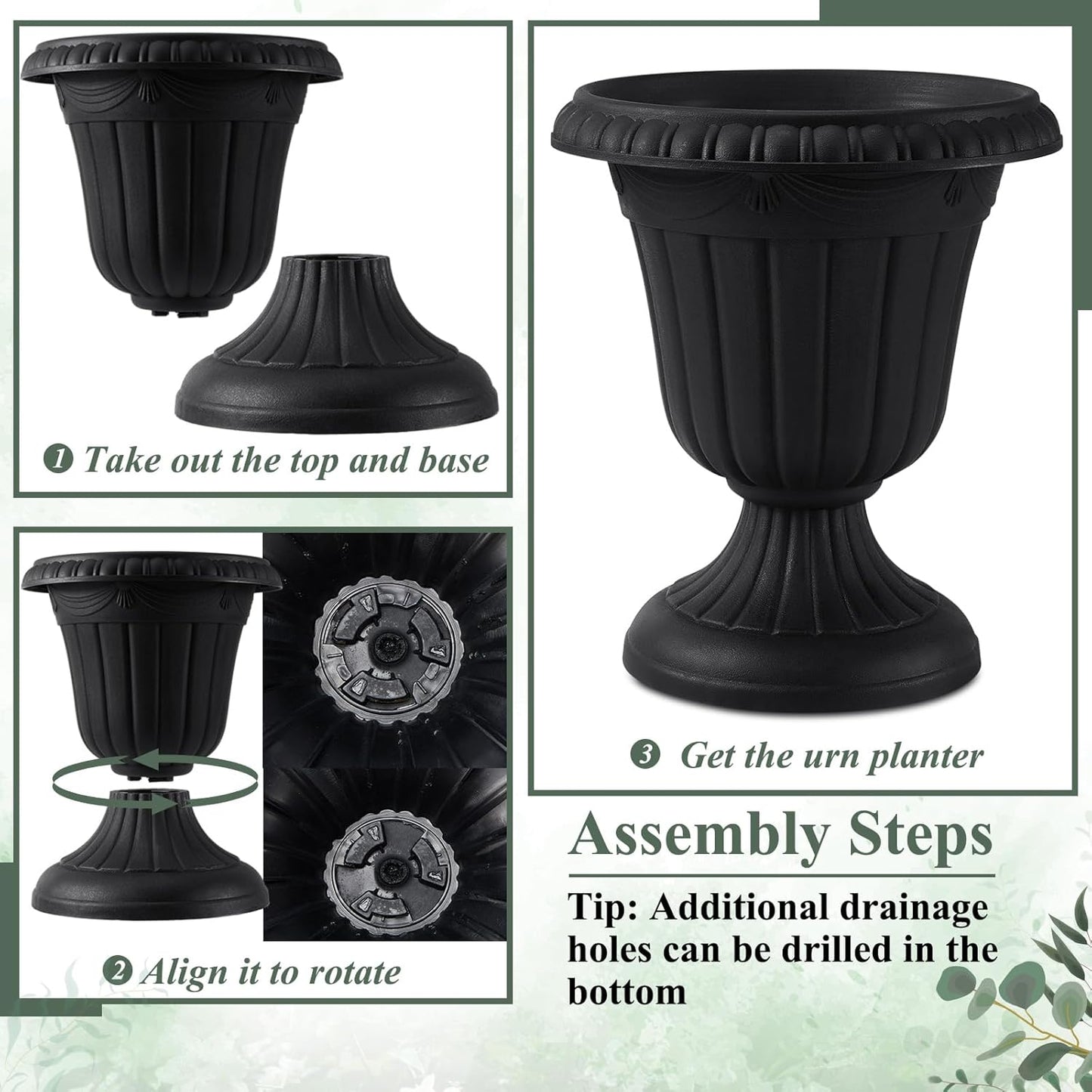 Zhehao 4 Pcs Plastic Urn Planter 10 x 11.5 Inch Black Classic Flower Pots Front Porch Planters Indoor Outdoor Planters with Pedestal for Wedding Party Bridal Shower Garden Patio Home Decor