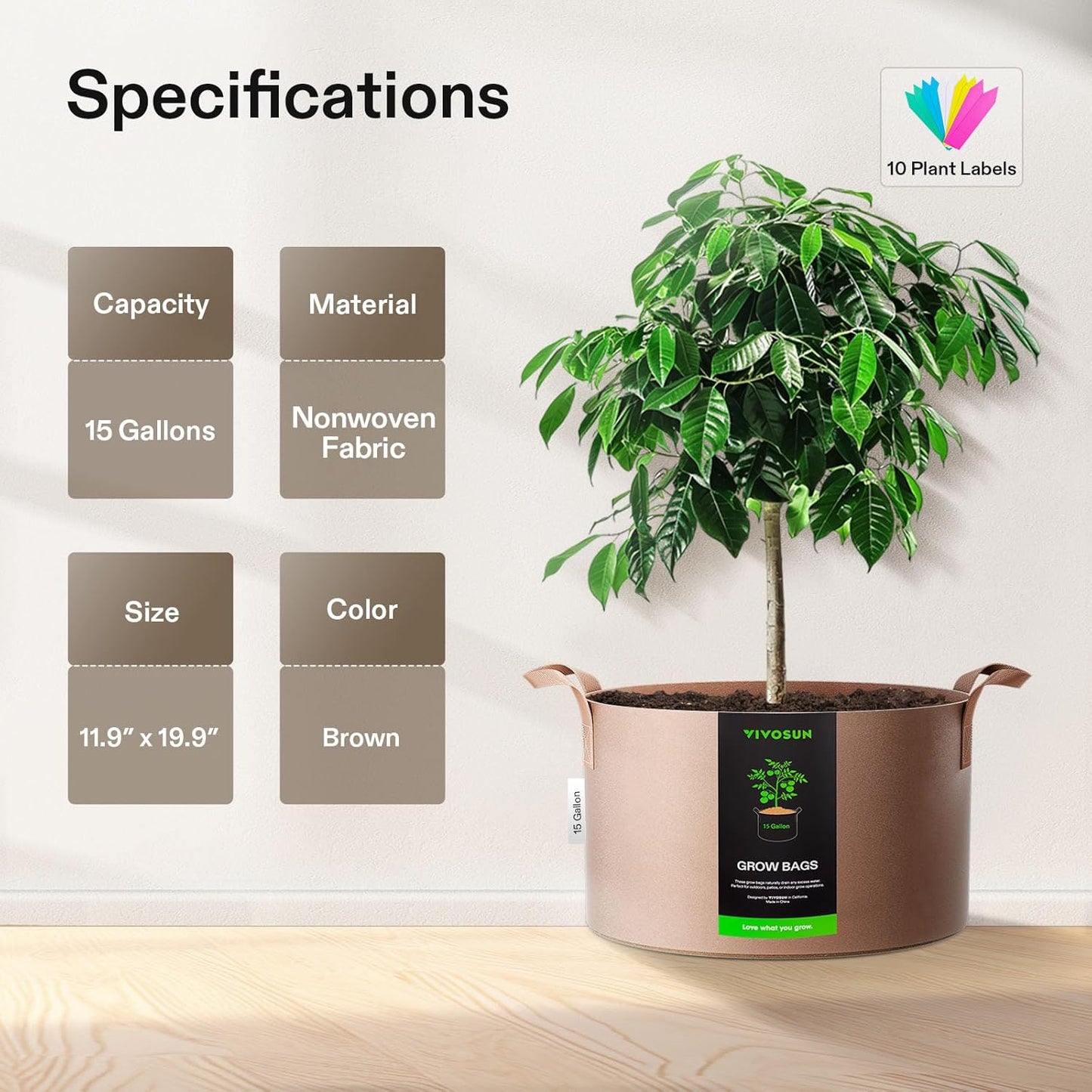 VIVOSUN 5-Pack 15 Gallons Grow Bags Heavy Duty Thickened Nonwoven Fabric Pots with Strap Handles Tan