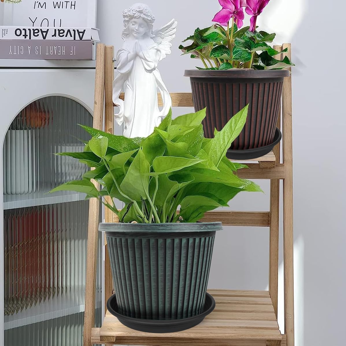 6 Pack Plant Saucer Plant Tray, 4 6 8 10 12 13 15 17 19 inch Plant Trays for Pots, Heavy Duty Plant Trays for Indoors no Holes, Plastic Plant Saucer for Planter, Bird Bath Bowls (6", Black)