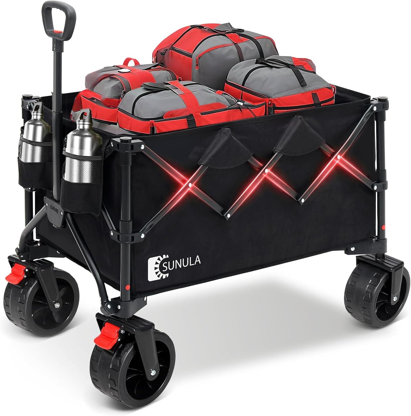 Collapsible Wagon Cart with 440lbs Weight Capacity, Heavy Duty Foldable Wagon with Big All-Terrain Wheels & Drink Holders, Utility Carts for Camping, Garden, Outdoor, Grocery, Sports. Black