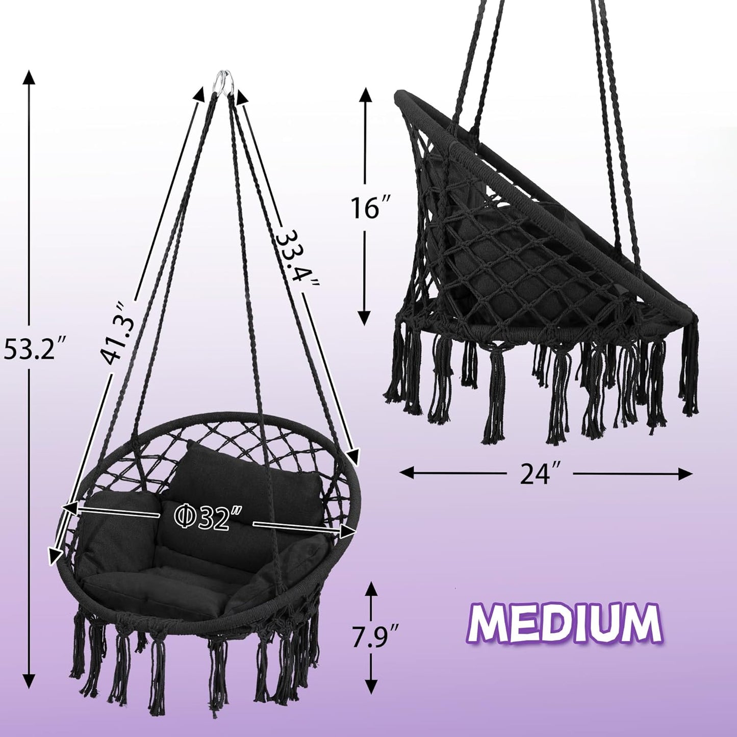 Macrame Hammock Hanging Swinging Chair with Medium Cushion, Perfect for Bedroom, Porch, Adults, Balcony, Black