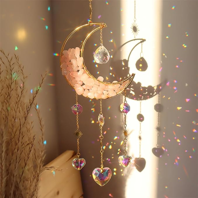 Crystal Suncatcher Hanging Moon Sun Light Catcher with Glass Prisms for Window Natural Pink Crystal Decor Home Indoor Making Rainbows