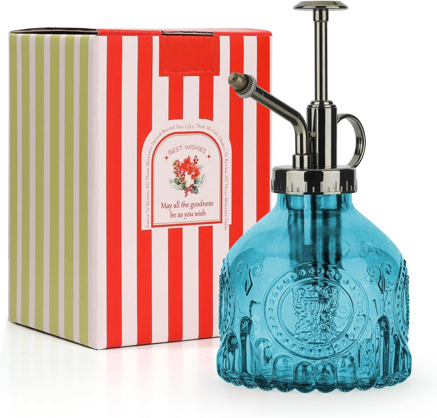 T4U Glass Plant Mister 200ML, Vintage Spray Bottle with Top Pump, Fine Mist Garden Flower Sprayer Small Decorative Spritzer Watering Can Gift for Indoor Outdoor Succulent House Plant (Aqua Blue)