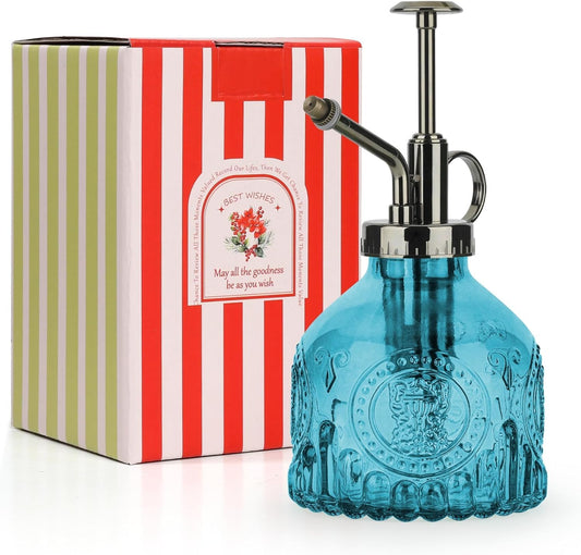 T4U Glass Plant Mister 200ML, Vintage Spray Bottle with Top Pump, Fine Mist Garden Flower Sprayer Small Decorative Spritzer Watering Can Gift for Indoor Outdoor Succulent House Plant (Aqua Blue)