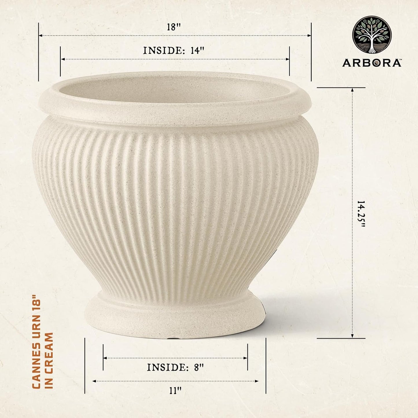ARBORA 18" Cannes Urn Polyresin Indoor and Outdoor Planter with Classic Cream Finish - Durable, Weatherproof, Lightweight, Large Plant Pot for Patio, Garden, Deck, Entryway