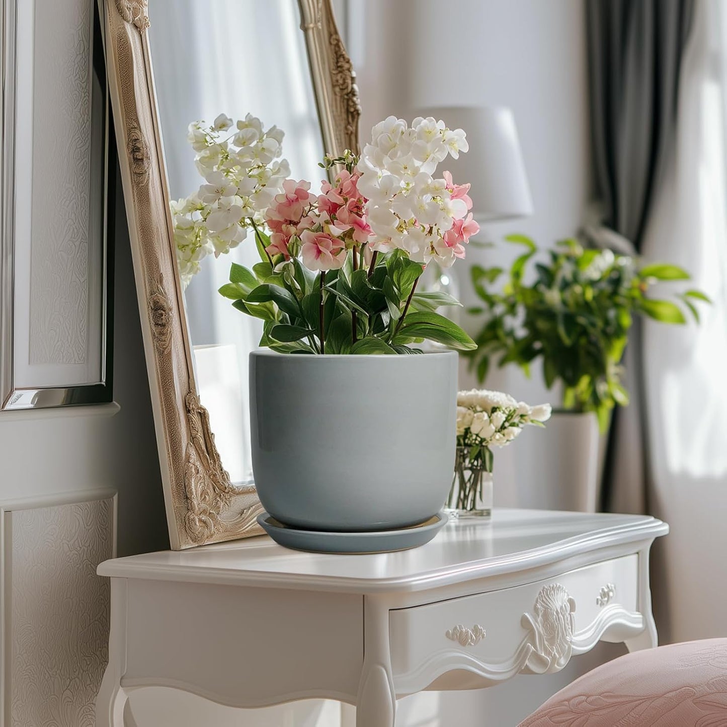 Ceramic Planter for Indoor Outdoor Plants - Cylinder Decorative 8 Inch Plant Pot with Drainage Hole and Saucer, Modern Home Decor, Gray